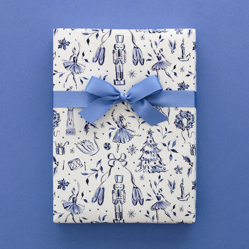 Blue and White Nutcracker Trellis Watercolor Wrapping Paper Sheets